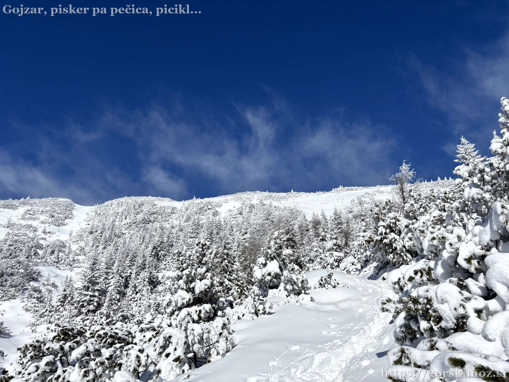 Pogled v smeri vrha, veter nosi sneg.